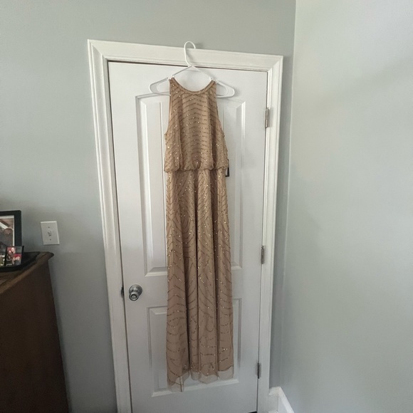 Adrianna Papell - ART DECO BEADED DRESS WITH HALTER NECKLINE IN CHAMPAGNE GOLD - Picture 6 of 7